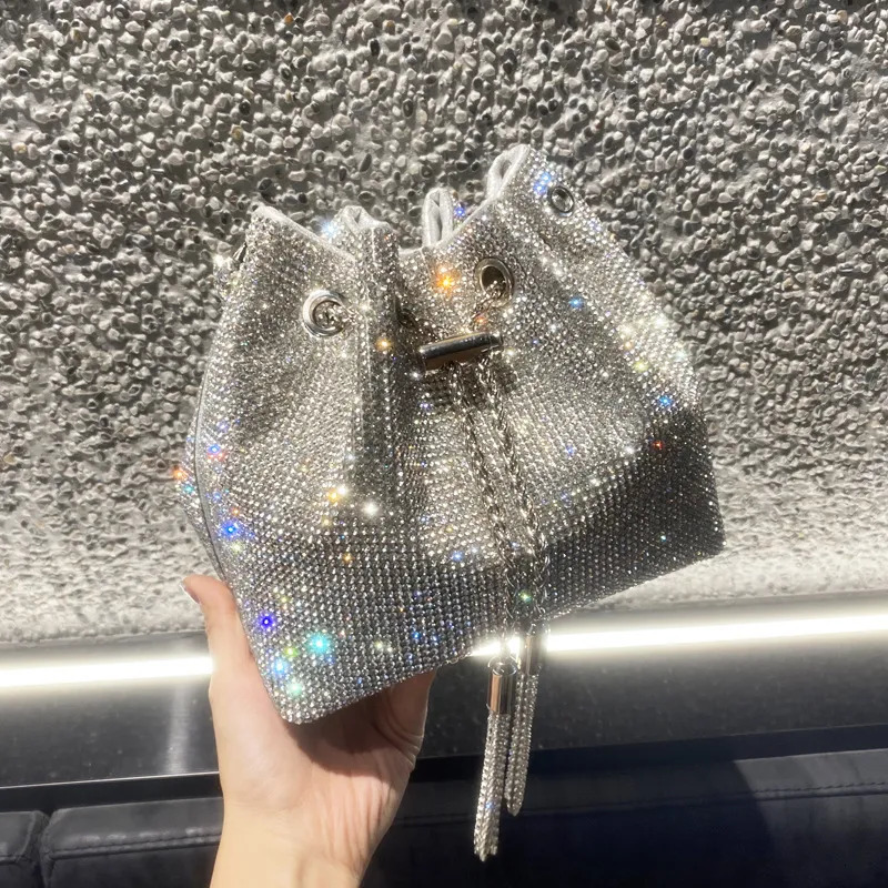 Evening Bags Dias Tassel Clutch Bag Women Chain Metal Ring Handle Shiny Crystal Bucket Purse Bridal Wedding Party 231017 4
