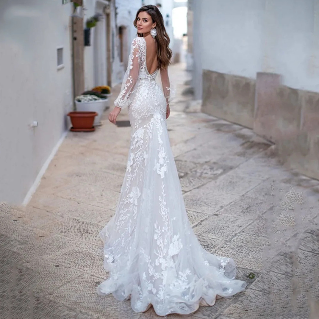 Luxury Backless Tulle Mermaid Wedding Dresses Long Sleeve Lace Appliques V-neck White Bridal Gown Vestidos de Novia