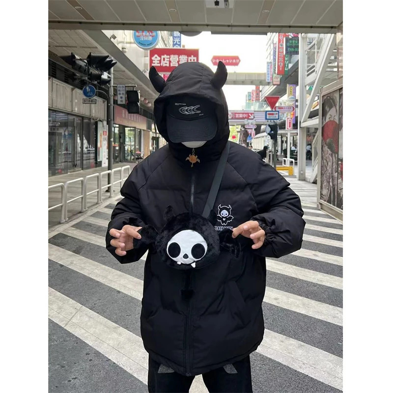 Men's Down Parkas Hip Hop Streetwear Parka Little Devil Horn Jackets Men Women Harajuku Retro Padded Jacket Coat Unisex Y2K Clothes Winter Outwea