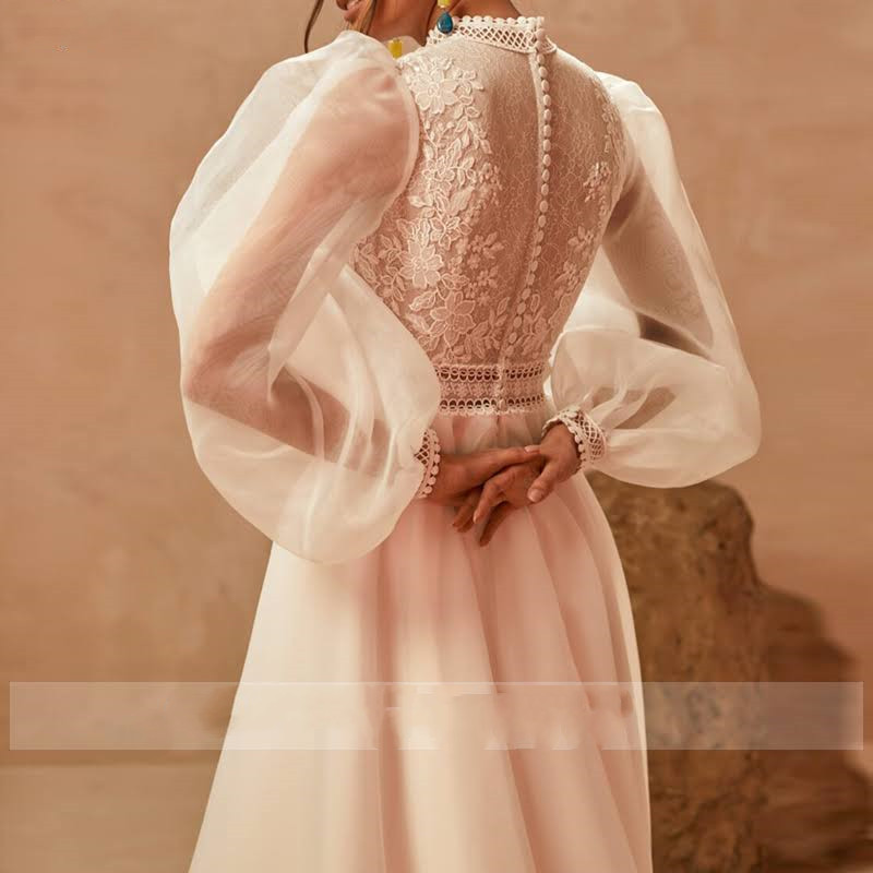 Wedding Dresses Boho Vestidos De Boda 2023 Long Puff Sleeves A-Line Bride Gowns High Neck Lace Appliques Bridal Tulle