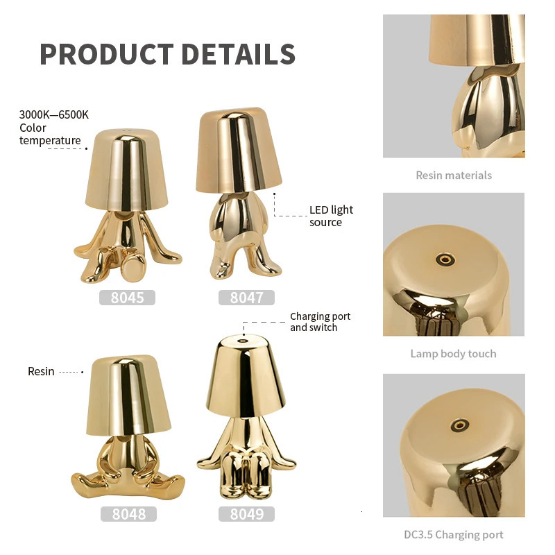 Decorative Objects Figurines XINGNENG Italy Little Golden Man Night Light Art Decor Study Coffee Shop Bar Bedside Table Lamps Children's Room Bro