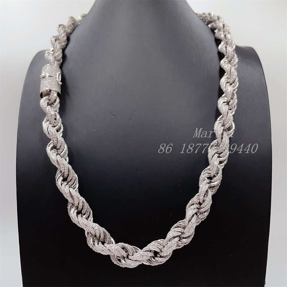 drop shipping white gold sterg sier 15mm micro pave vvs moissanite dia rope chain necklace