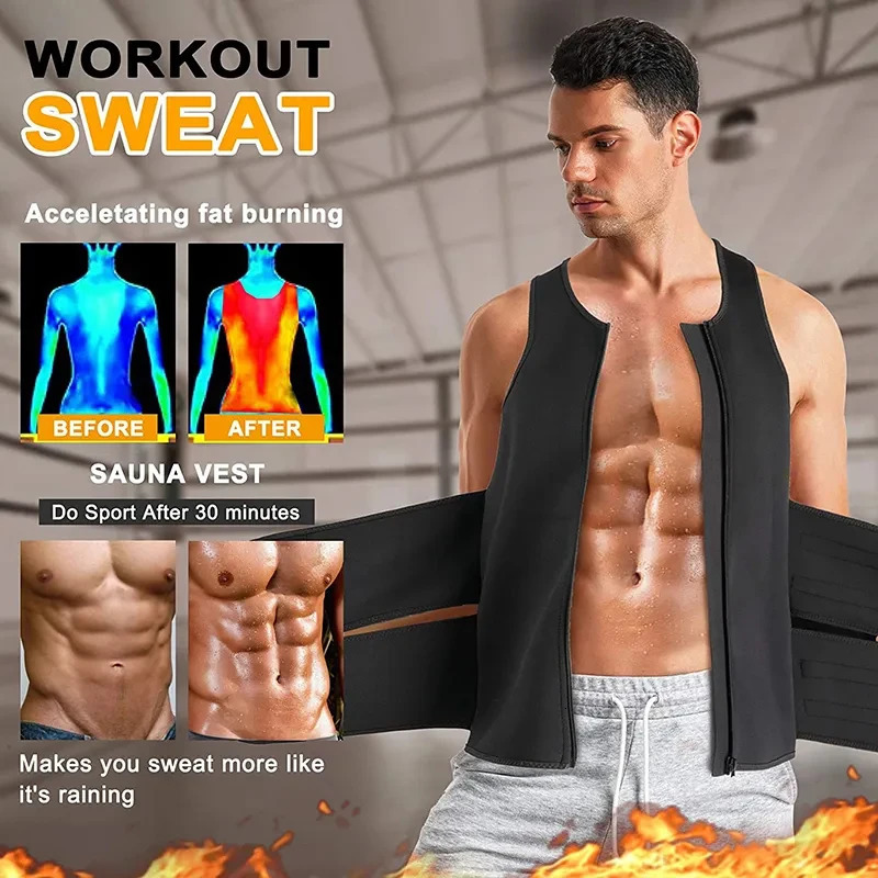 Waist Tummy Shaper Neoprene Men's Shapers Sweat Vest for Men Waist Trainer Vest Adjustable Workout Body Shaper with Double Zipper for Sauna Suit 
