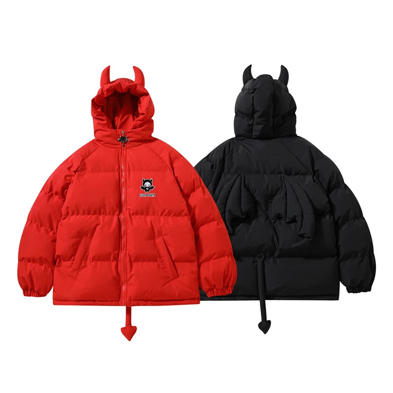 Men's Down Parkas Hip Hop Streetwear Parka Little Devil Horn Jackets Men Women Harajuku Retro Padded Jacket Coat Unisex Y2K Clothes Winter Outwea