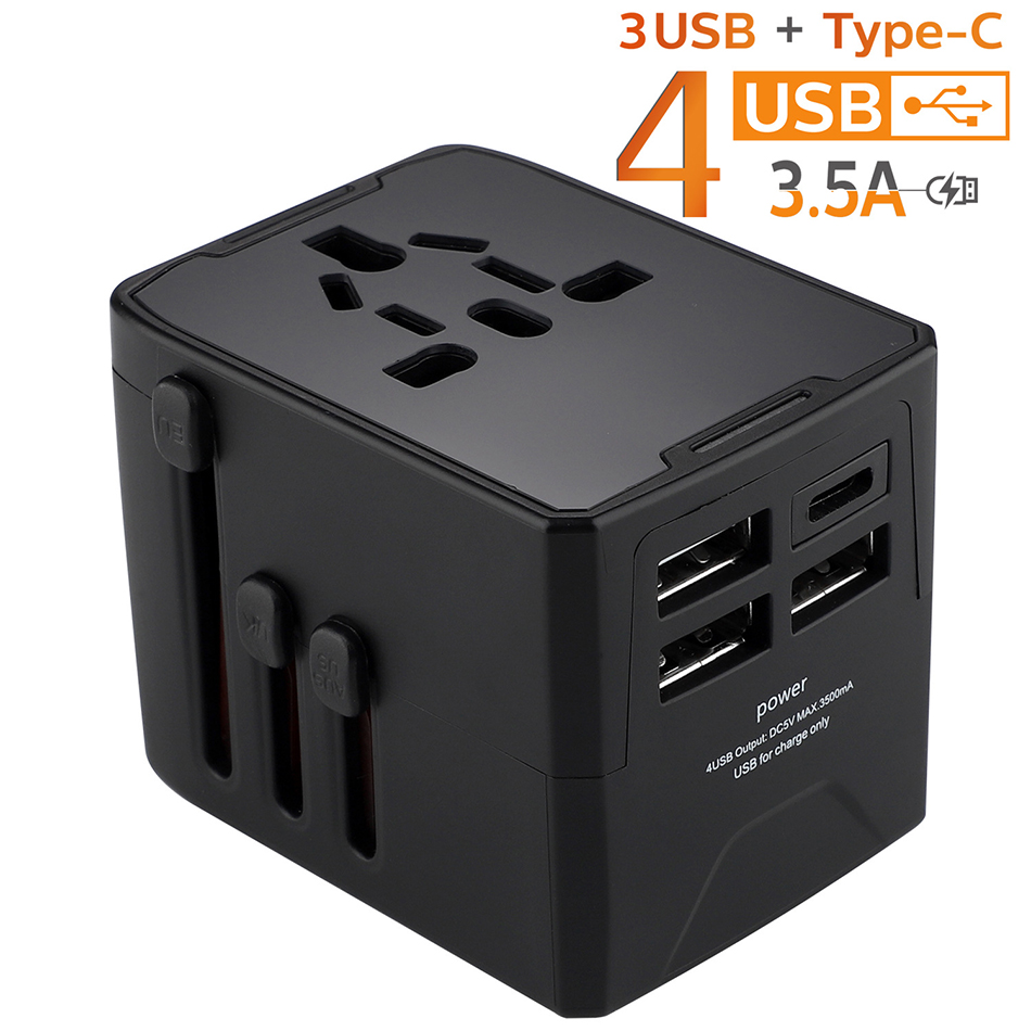 65W Universal Travel Adapter 3.5A All-in-one Travel Charger With 3 USB Ports and 1 Type C Wall Chargers for US EU UK AU Plug