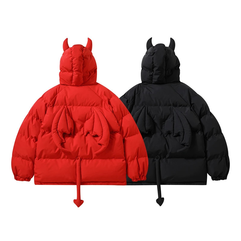 Men's Down Parkas Hip Hop Streetwear Parka Little Devil Horn Jackets Men Women Harajuku Retro Padded Jacket Coat Unisex Y2K Clothes Winter Outwea