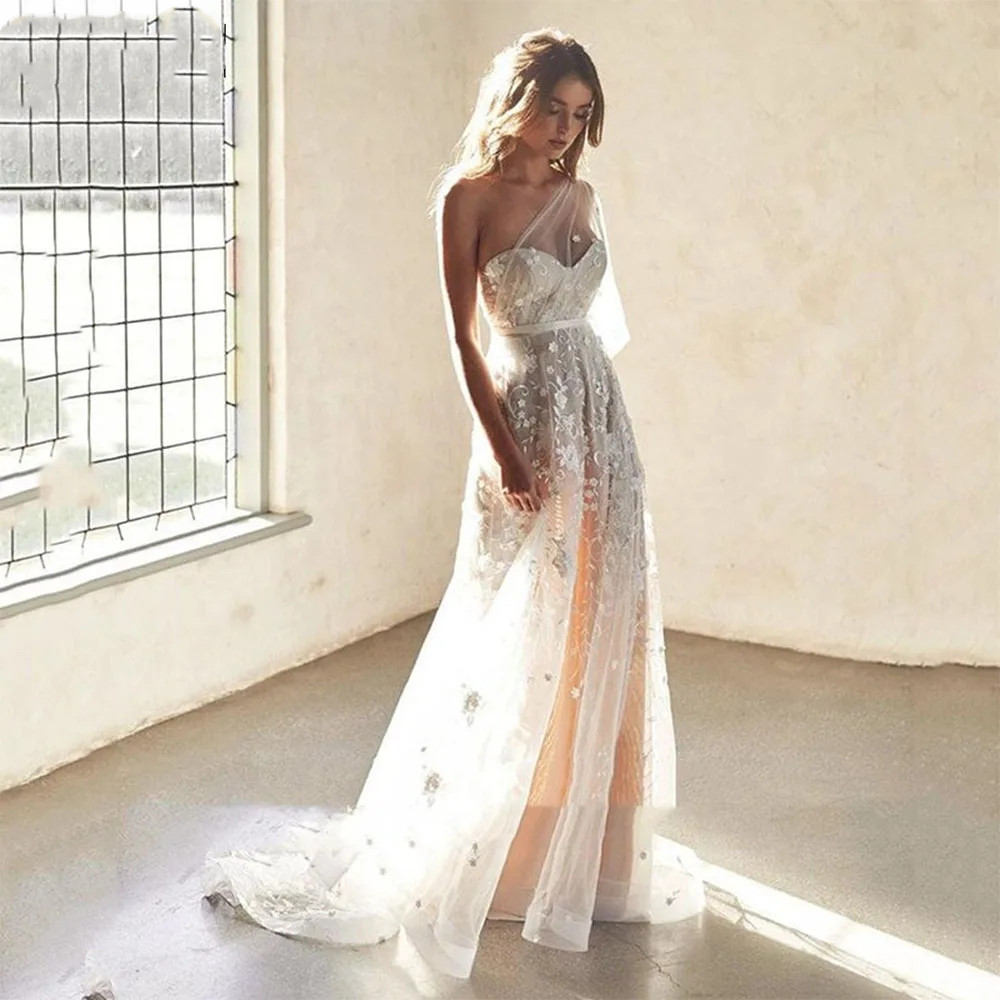 Sexy One Shoulder Side Split Tulle Wedding Dresses Backless A-Line Lace Appliqued Boho Bride Gowns Vestidos De Novia