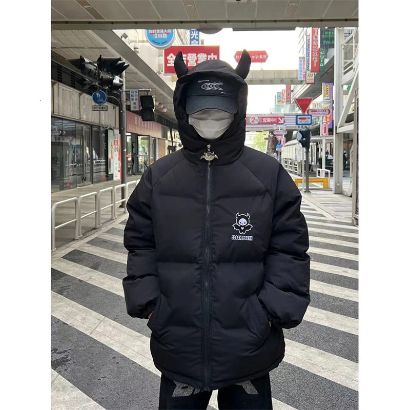 Men's Down Parkas Hip Hop Streetwear Parka Little Devil Horn Jackets Men Women Harajuku Retro Padded Jacket Coat Unisex Y2K Clothes Winter Outwea