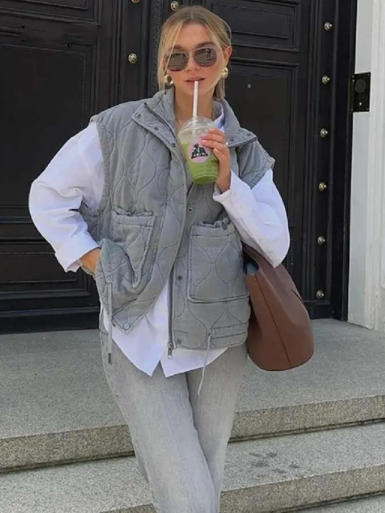 Womens Vests Autumn Solid Patch Checkered Cotton Vest Women Pocket Stand Collar Sleeveless Jackets Female Single Breasted Warm Tops Lady 231017