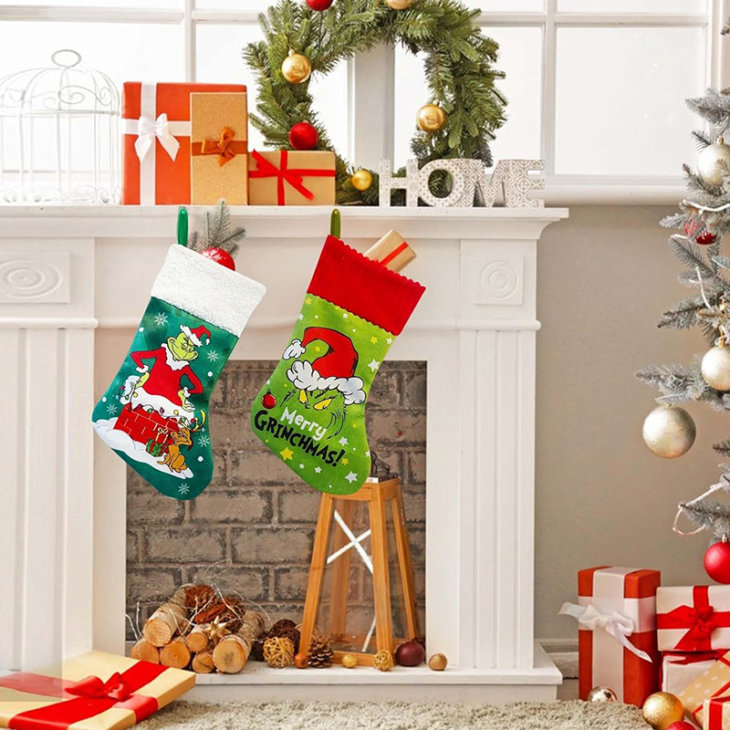 Grinchs Christmas Stockings 35CM Large Grinchs Green Monster Stocking Christmas Decorations Gift Socks Holiday Decor Home Indoors Ornaments