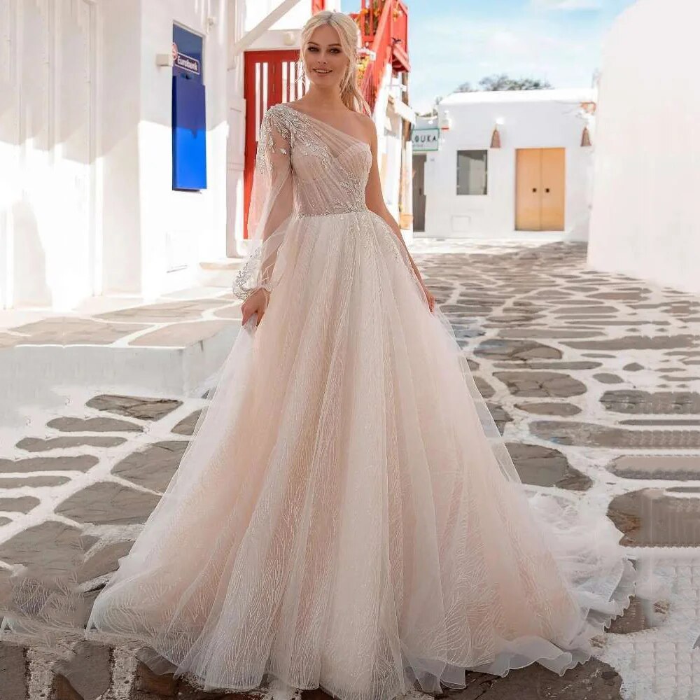 One Shoulder Long Sleeve Wedding Dresses Robe de Mariage Glitter Beads Lace Wedding Gowns Princess Vintage Bridal Dress