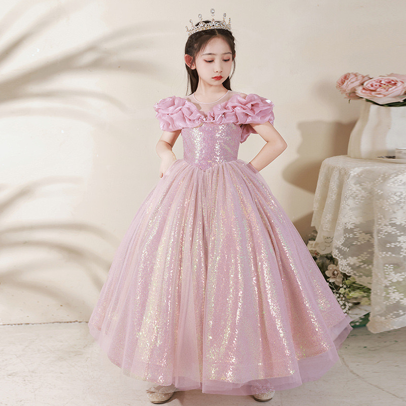 Beautiful Pink Flower Dresses For Weddings Custom Made Shiny Blingbling Princess Birthday Party Gowns Pretty Formal Girls Cute Puffy Tulle Pageant Dre