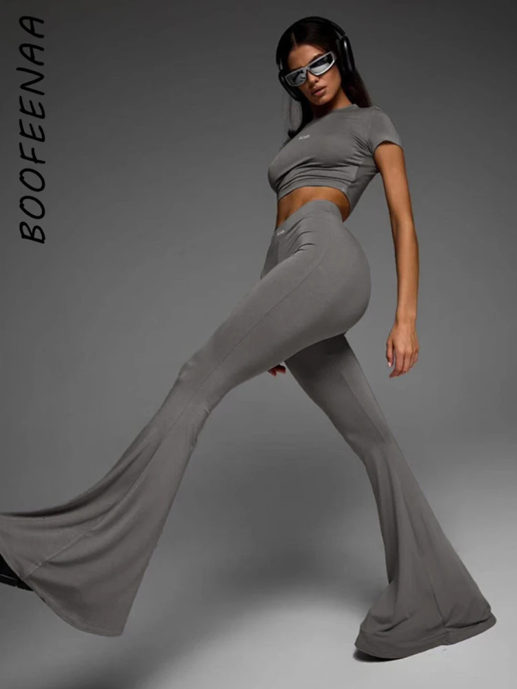 Women s Tracksuits BOOFEENAA Basic Casual 2 Piece Set s Outfits Top and Leggings Grey Flare Pants Matching Fitness Y2k Clothing C56 BI30 231018