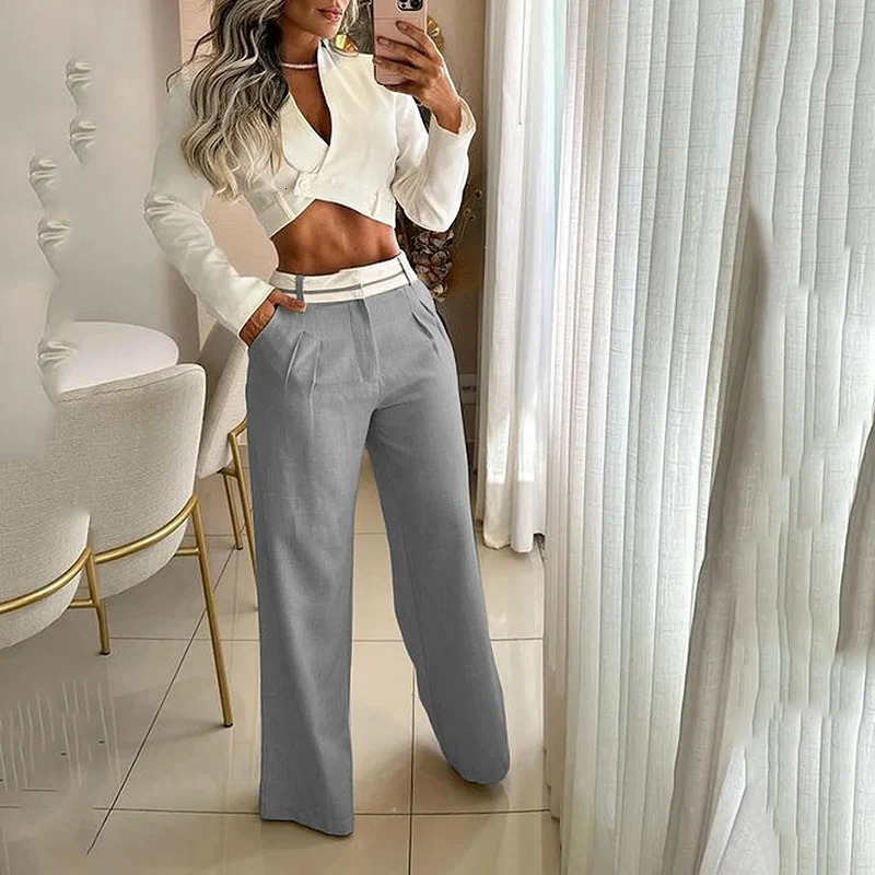 Womens Two Piece Pants BEACHBELE Women Sets Autumn V Neck Long Sleeve Bare Waist White Top Solid Elegant Office Outfit With Pocket 231018