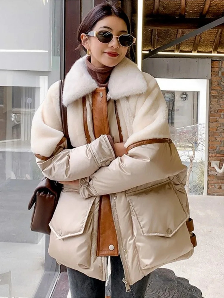 Womens Down Parkas Jacket Women Patchwork Doublefaced Fur Mink Collar MidLength Parka White Duck Casual Coat 231018