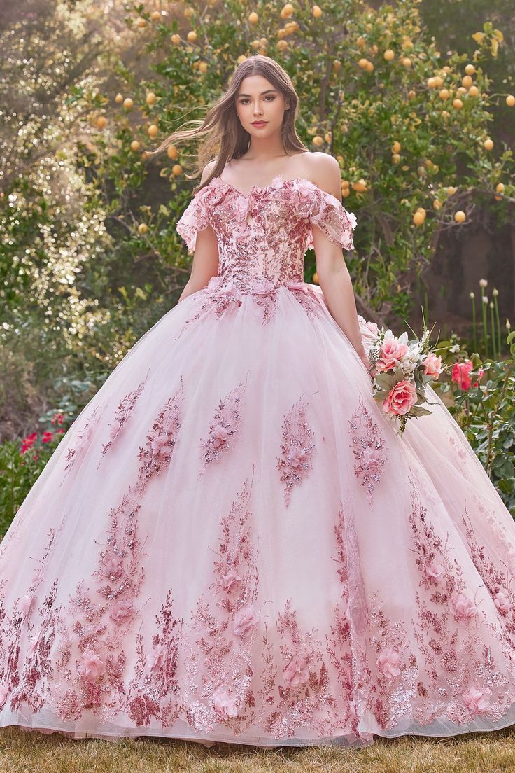 Pink Floral Applique Quinceanera Dresses With Bow Back Off Shoulder Flowers Long Princess Sweet 16 Dress For Girls 2026 Gorgeous Prom Special Occasion