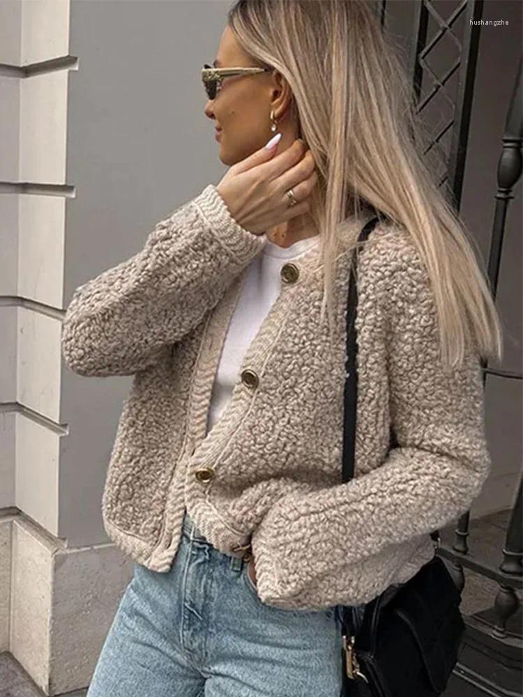 Womens Jackets Lamb Wool Coats Women Sweater Single Breasted O-neck Elegant Autumn Winter Jacket Female Long Sleeve Tops Lady Commuting
