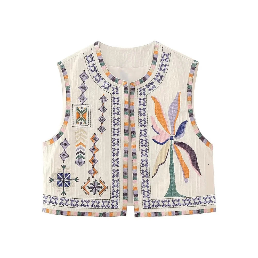 Women's Vests PB ZA 2023 Autumn Vintage Fashion Versatile Tree Pattern Embroidered Open Front Short Outerwear Vest 231018
