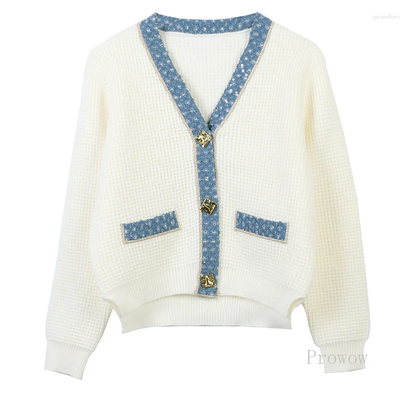 Women's Knits White Cardigan Jacket With Denim Trim Women 2023 Autumn Winter Sweater Coat Contrast Beaded V-neck Irregular Knitted