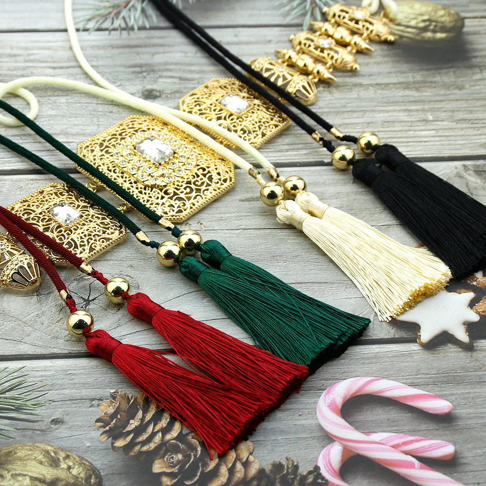Other Fashion Accessories Sunspicems Morocco Hand Ropes Belt Gold Color Women Caftan Tassels Belt Hollow Arabesque Metal Waist Chain Bride Woven Jewel