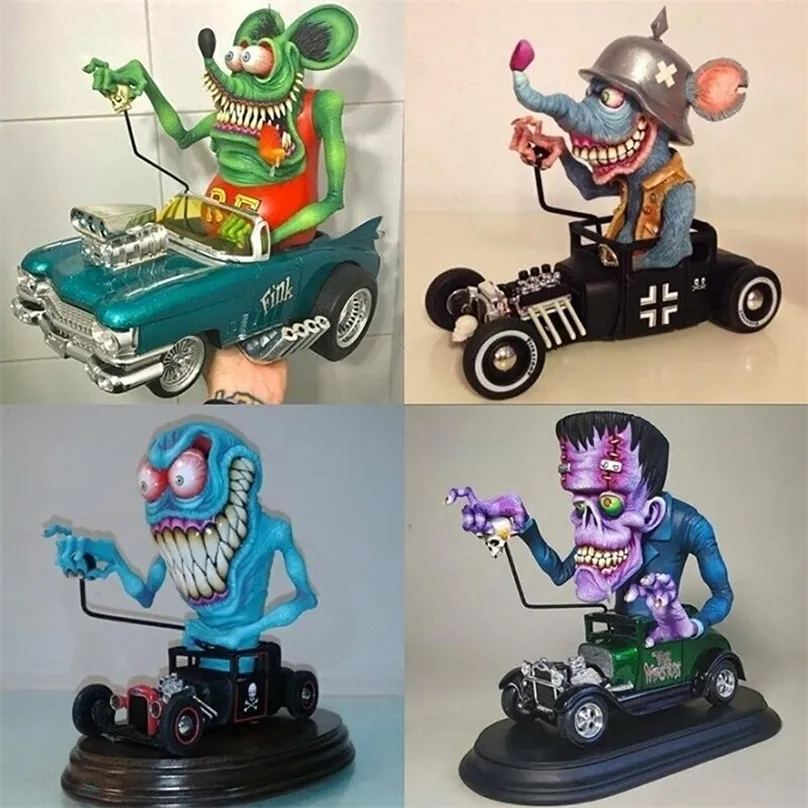 Party Decoration Angry Big Mouth Monster Driving Statue Rat Fink Halloween Figurines Resin Crafts Sculpture Home Decor Ornament LL