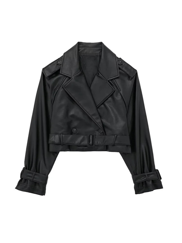 Womens Jackets Autumn Spring Oversized Cropped Faux Leather Trench Jacket Lapel Collar Long Sleeves PU With Belt Motocycle Biker Female 231018