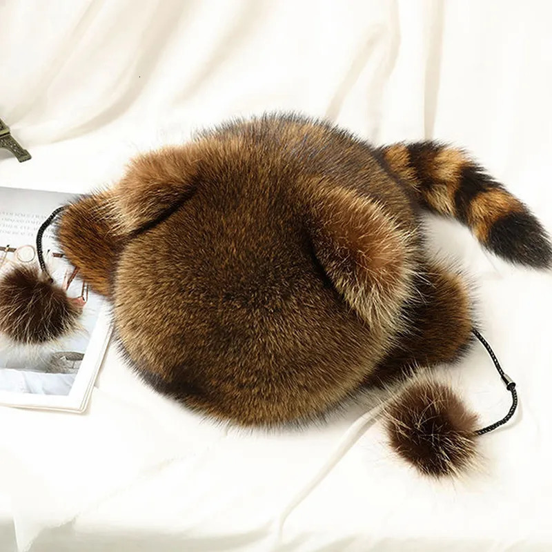 Caps Hats Ladies Raccoon Plush Raccoon Tail Fur Leifeng Hat Animal Tail Velvet Ear Defenders Autumn Winter Soft Adult Kids Cap Winter Hat 231019