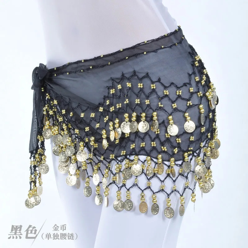 Other Fashion Accessories 1pcs/lot Women Belly Dance Hip Scarf Accessories 3 Row Belt Skirt With 128pcs Gold color coin bellydance Coins Waist Chain 2