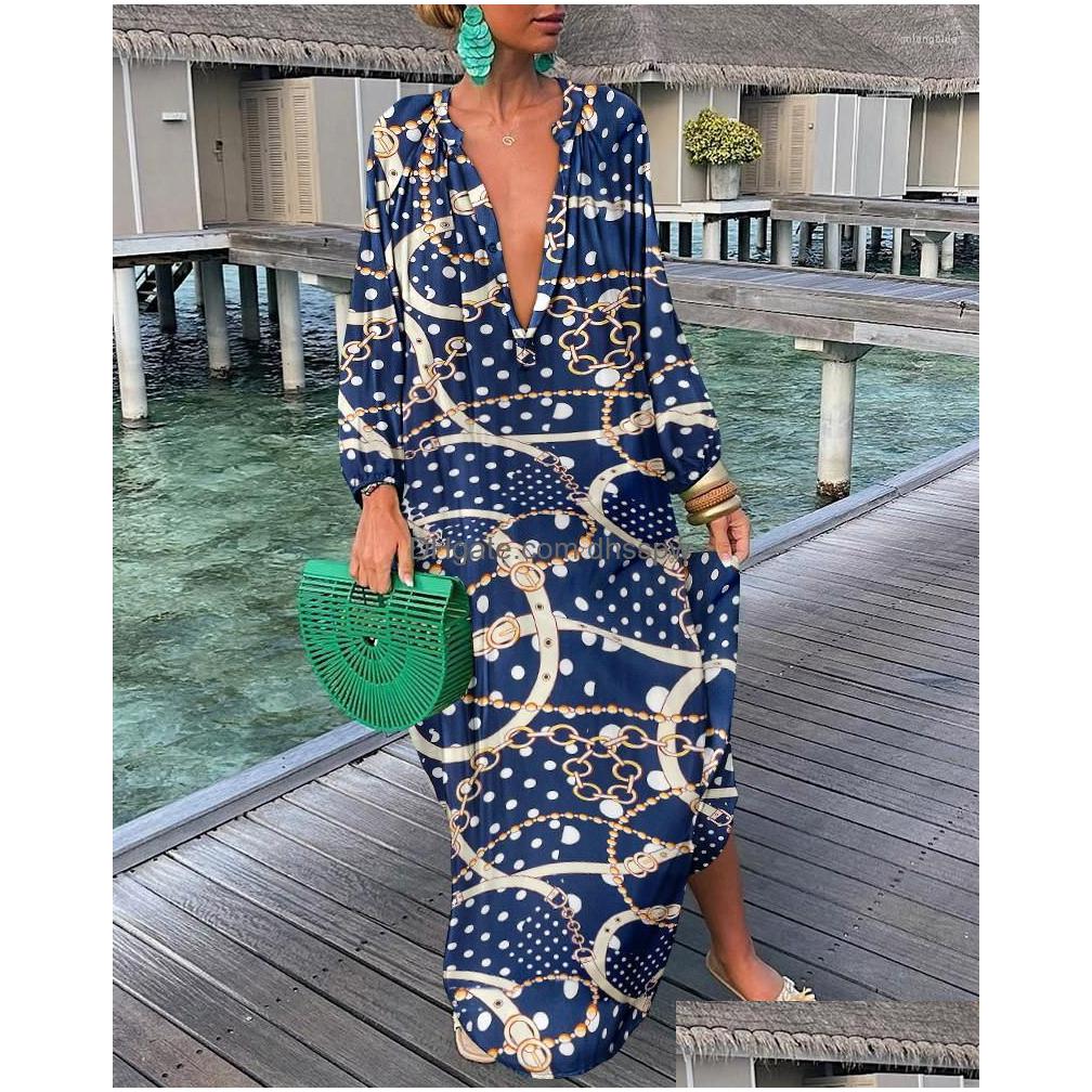 Casual Dresses Elegant Boho Shirt Dress For Women Clothing 2022 Spring Summer Vintage Oversized Print Long Midi Wholesale Drop Deliv