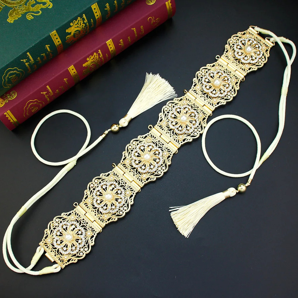 Other Fashion Accessories Neovisson Morocco High Quality Belt Elegent Gold Color Crystal Pearl Hand Rope Waist Chain Caftan Belt Arabic Bride Jewelry 