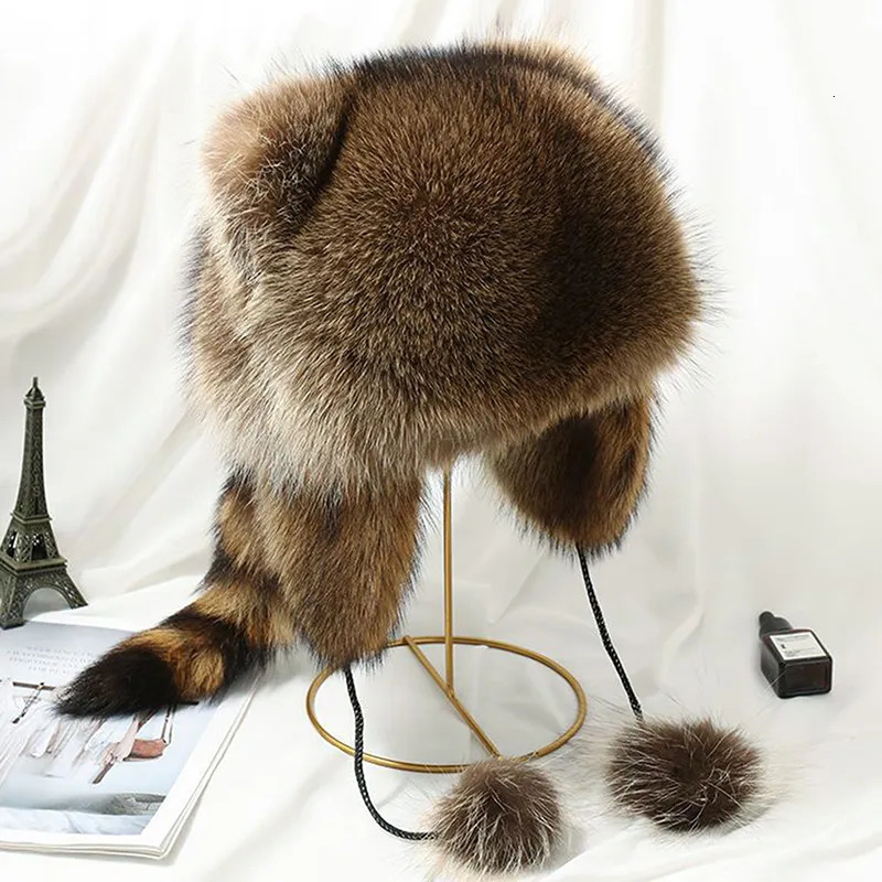 Caps Hats Ladies Raccoon Plush Raccoon Tail Fur Leifeng Hat Animal Tail Velvet Ear Defenders Autumn Winter Soft Adult Kids Cap Winter Hat 231019