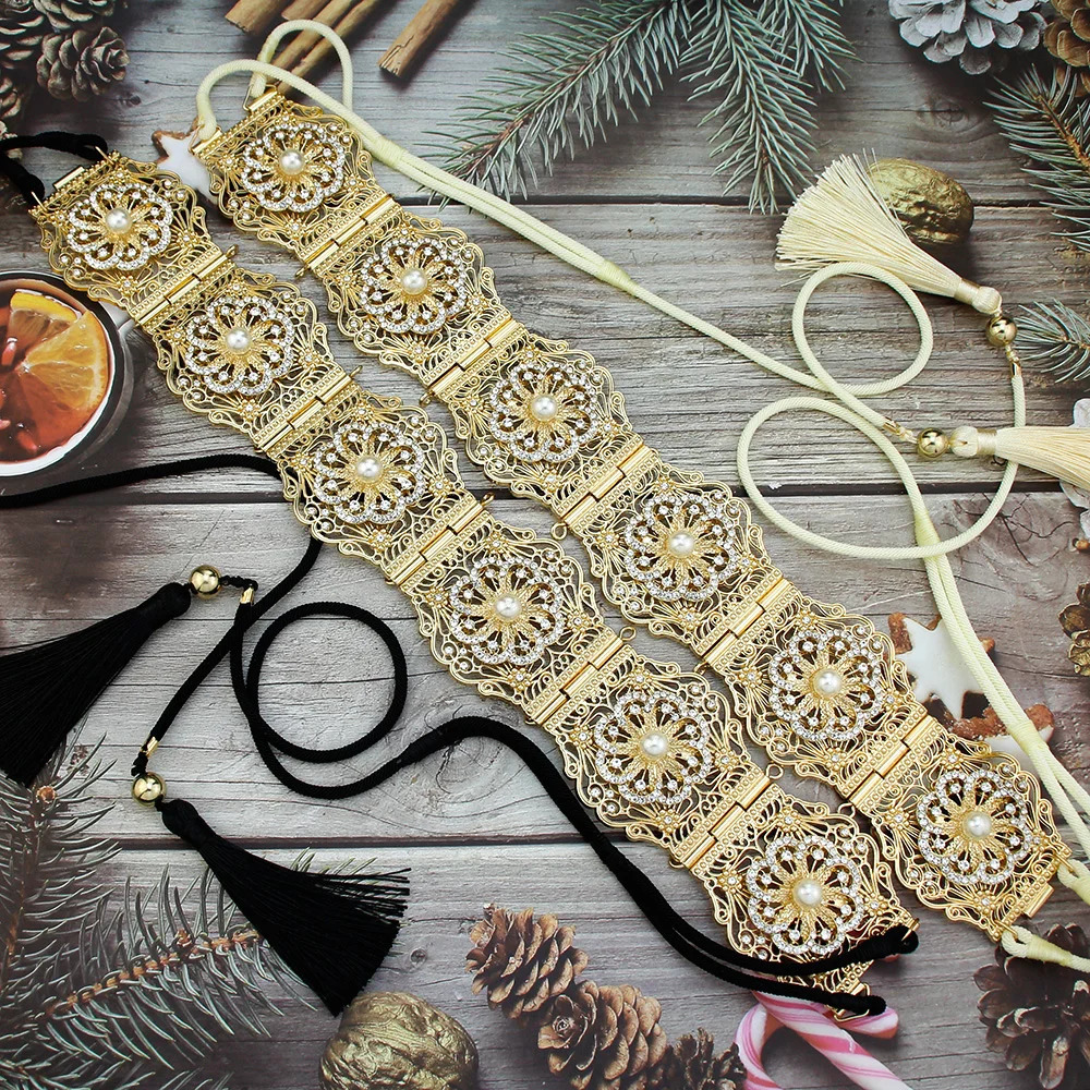 Other Fashion Accessories Neovisson Morocco High Quality Belt Elegent Gold Color Crystal Pearl Hand Rope Waist Chain Caftan Belt Arabic Bride Jewelry 