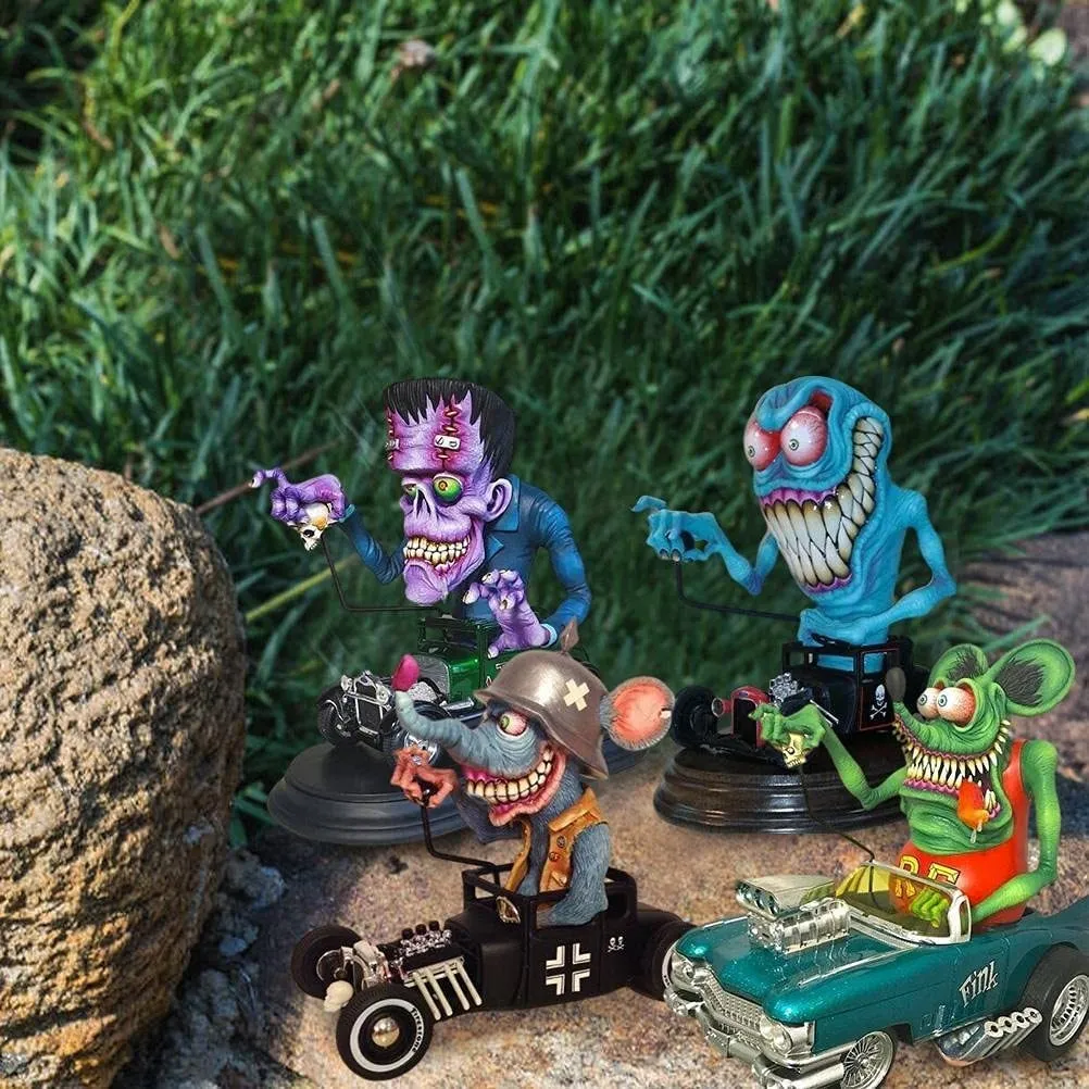 Party Decoration Angry Big Mouth Monster Driving Statue Rat Fink Halloween Figurines Resin Crafts Sculpture Home Decor Ornament LL