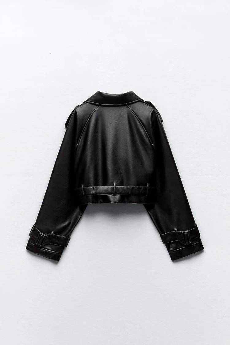 Womens Jackets Autumn Spring Oversized Cropped Faux Leather Trench Jacket Lapel Collar Long Sleeves PU With Belt Motocycle Biker Female 231018