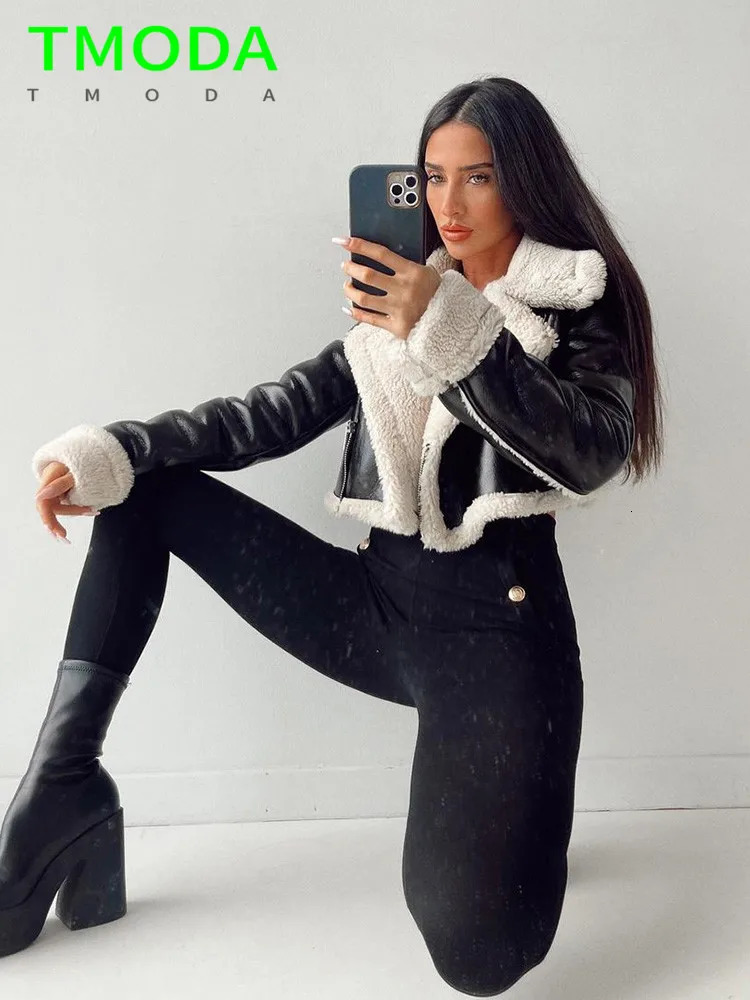Womens Leather Faux T MODA Autumn Winter Women Thick Warm Shearling Short Jacket Ladies Vintage Coat Female Outerwear Chic Tops 231018