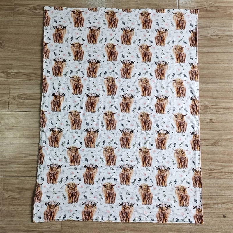 Quilts Western Highland Cow Flower Baby Girls Boy Bedding Fleece Blanket Breathable Wholesale Kids Cotton Flannel Children Thin Quilt 231017