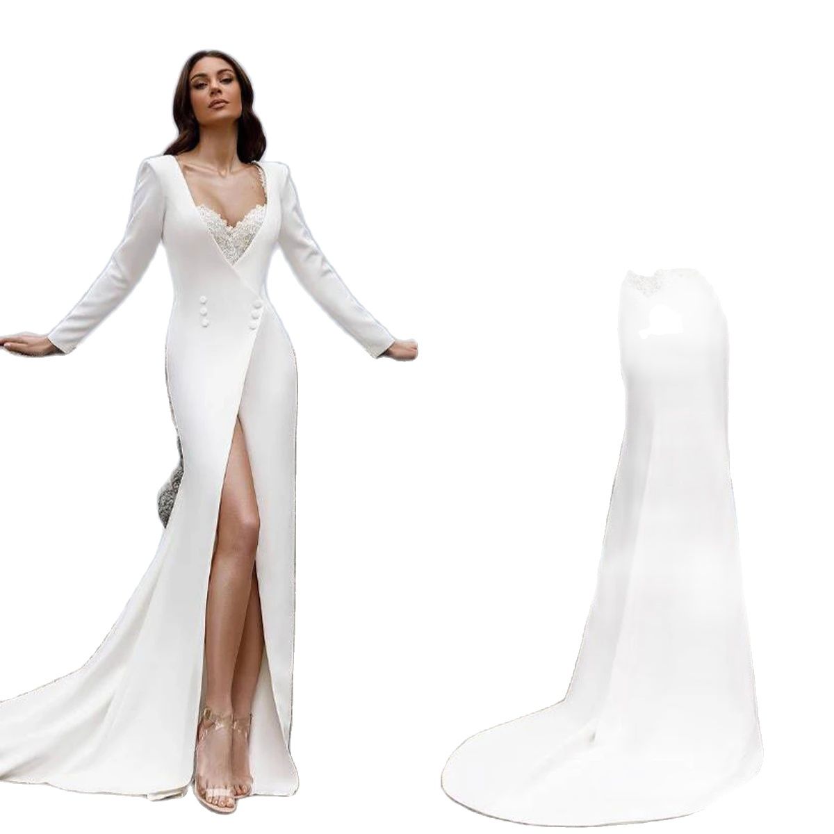 Satin Mermaid Wedding Dress For Women Elegant Long SleeveV Neck Lace Appliques Bridal Gowns Simple Sexy Custom Made