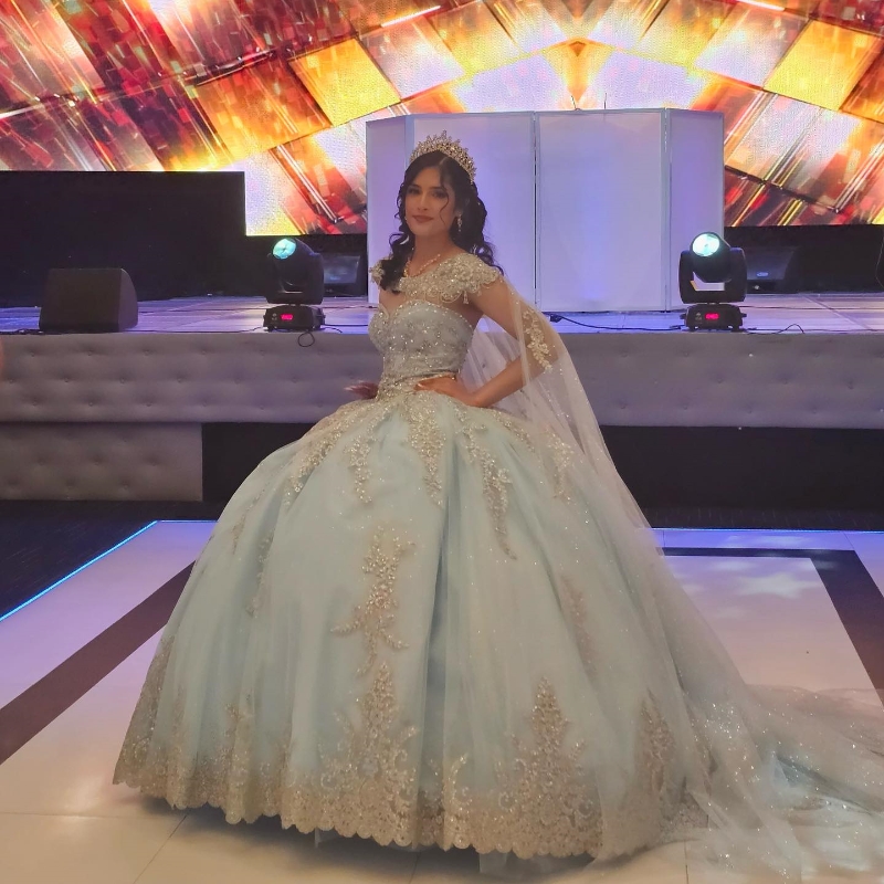 Sweetheart Quinceanera Dresses Off Shoulder Ball Gown Ruffle Applique Beads With Cape Vestidos De 15 Anos Sweet 16