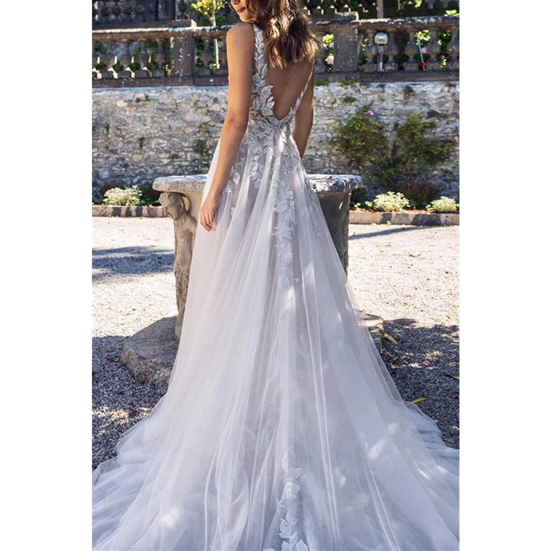 Sexy V Neck Side Split Tulle Wedding Dresses Backless A-Line Lace Appliqued Boho Bride Gowns Vestidos De Novia