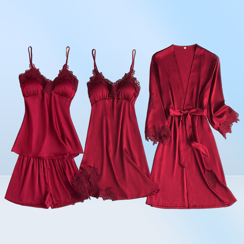 Satin Lace Pajamas Set Women 5PC Strap Top Pants Sleepwear Sleep Suit Spring Autumn Pyjamas Home Wear Nightwear Robe Gown MXXL2086570