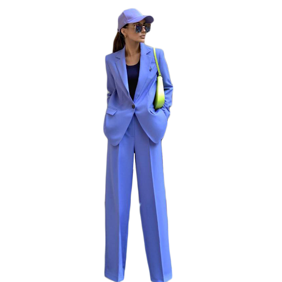 Vintage Solid Women Suits Office Lady Fashion Long Sleeve V Neck Backless Oversized Blazer Wide Leg Pants 2 Pieces