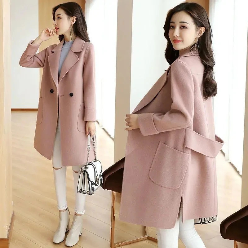 Womens Wool Blends Elegant Thick Warm Mid Length Woolen Coat Winter Loose Slim Onebutton Outerwear Solid Color Allmatch Streetwear Women 231019