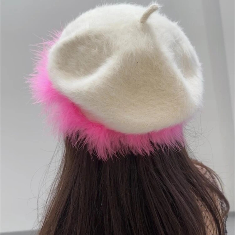 Berets Y2K Ambient Trend Cap Rabbit Fur Plush Beret Hats for Women Autumn Winter Version of The Japanese Painter Hat Sombreros De Mujer 231018