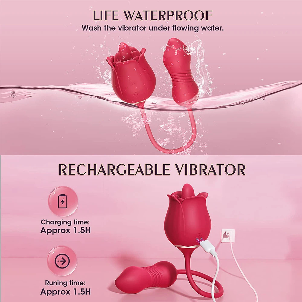 Vibrators 3 in 1 Rose Toy Vibrator for Woman Tongue Licking Clitoral Stimulator Thrusting G Spot Dildo Clit Nipple Licker Women Goods 231018