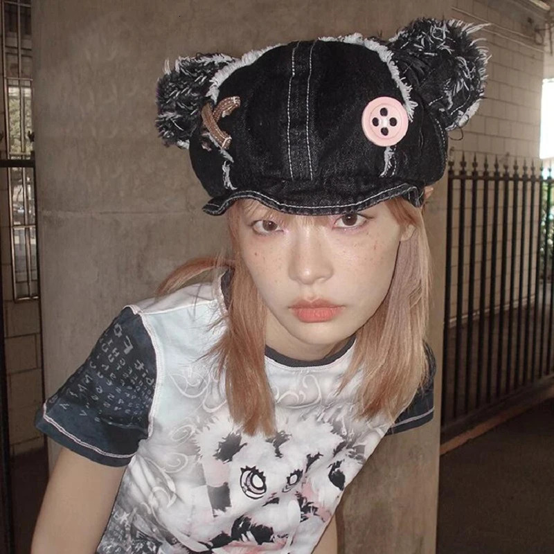 Berets Japanese Harajuku Y2k Cute Bear Ear Hats Women Girls Vintage Washed Denim Beret Hats Boina Mujer Chic Kawaii Streetwear 231018