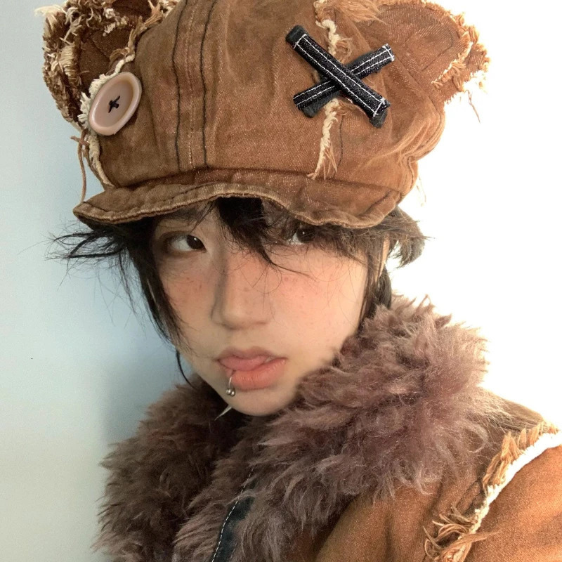 Berets Y2k Japanese Harajuku Cute Bear Ear Hats for Women Girls Vintage Washed Denim Beret Hats Boina Mujer Chic Streetwear Gorras 231018