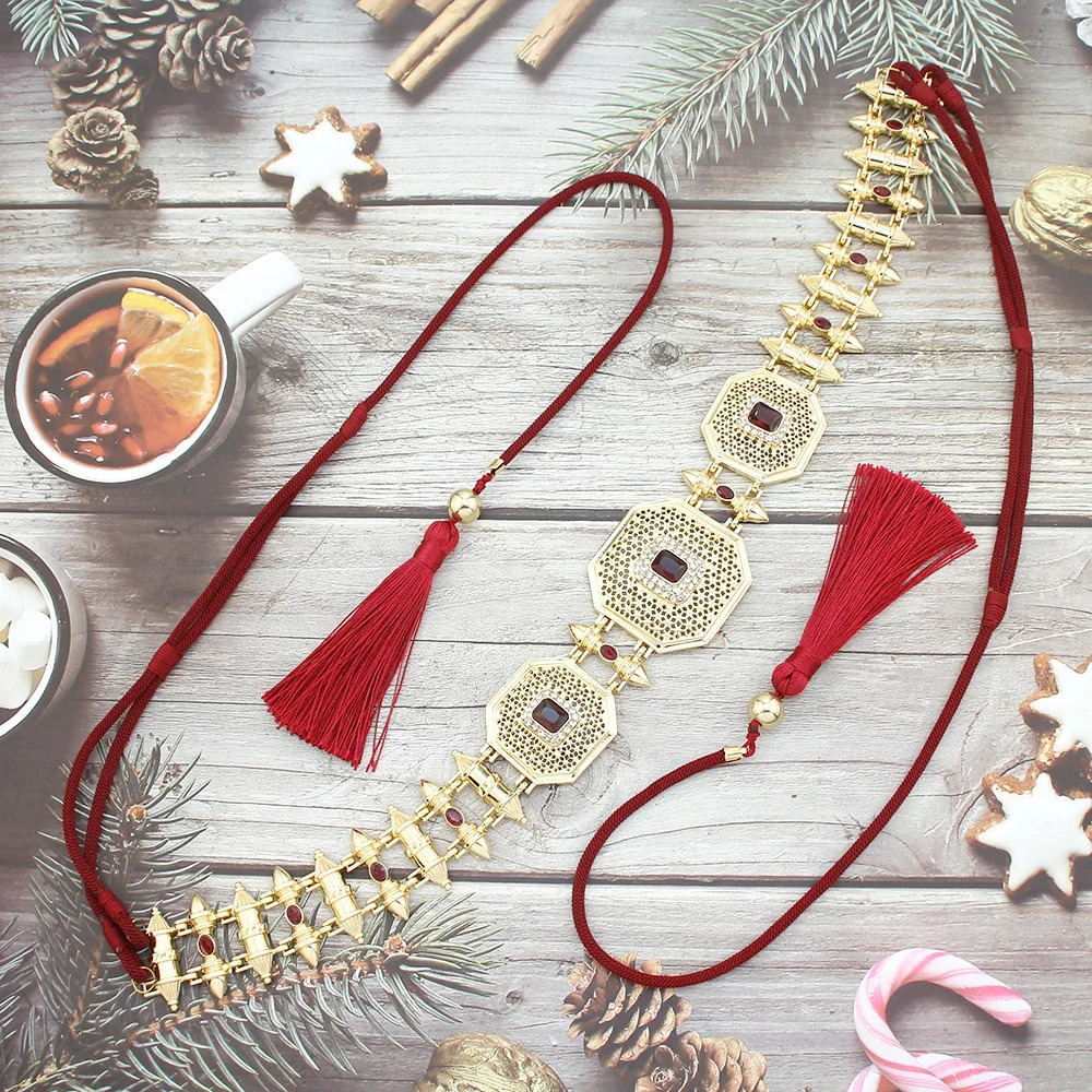 Other Fashion Accessories Sunspicems Morocco Women Hand Rope Belt Waist Chain Tassel Bride Girdle Jewelry Gold Color Arabic Fastened Thick String Belt