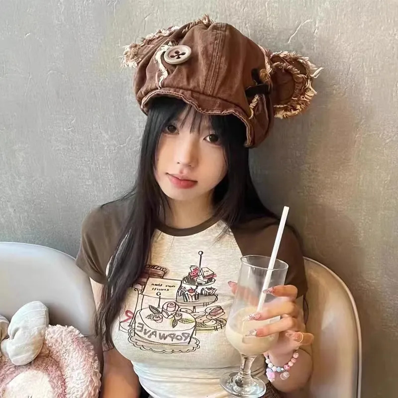 Berets Y2k Japanese Harajuku Cute Bear Ear Hat for Women Girls Vintage Washed Denim Berets Boina Mujer Chic Streetwear Gorras 231018