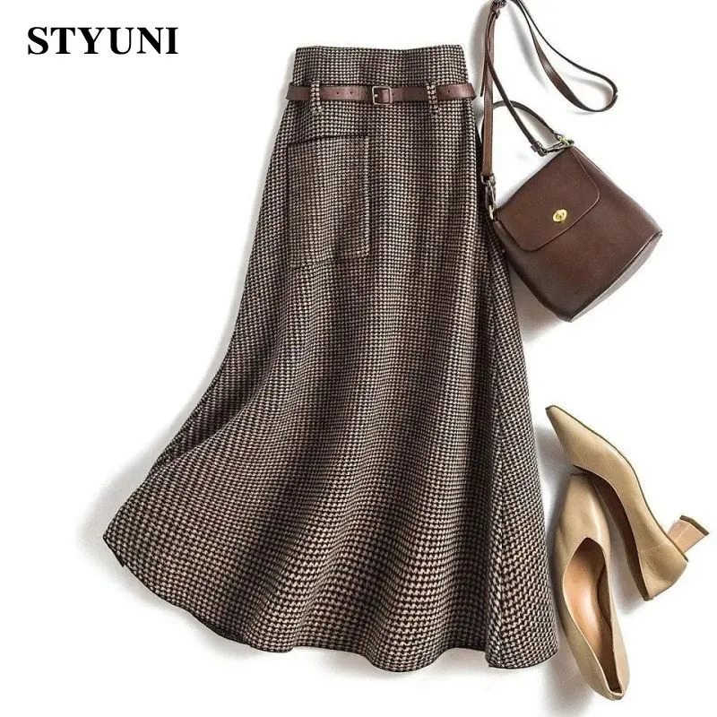 Skirts Houndstooth Plaid Brown Vintage Knitted Woolen Womens Skirt Autumn High Waist Belt ALine MidCalf Long For Women 231019