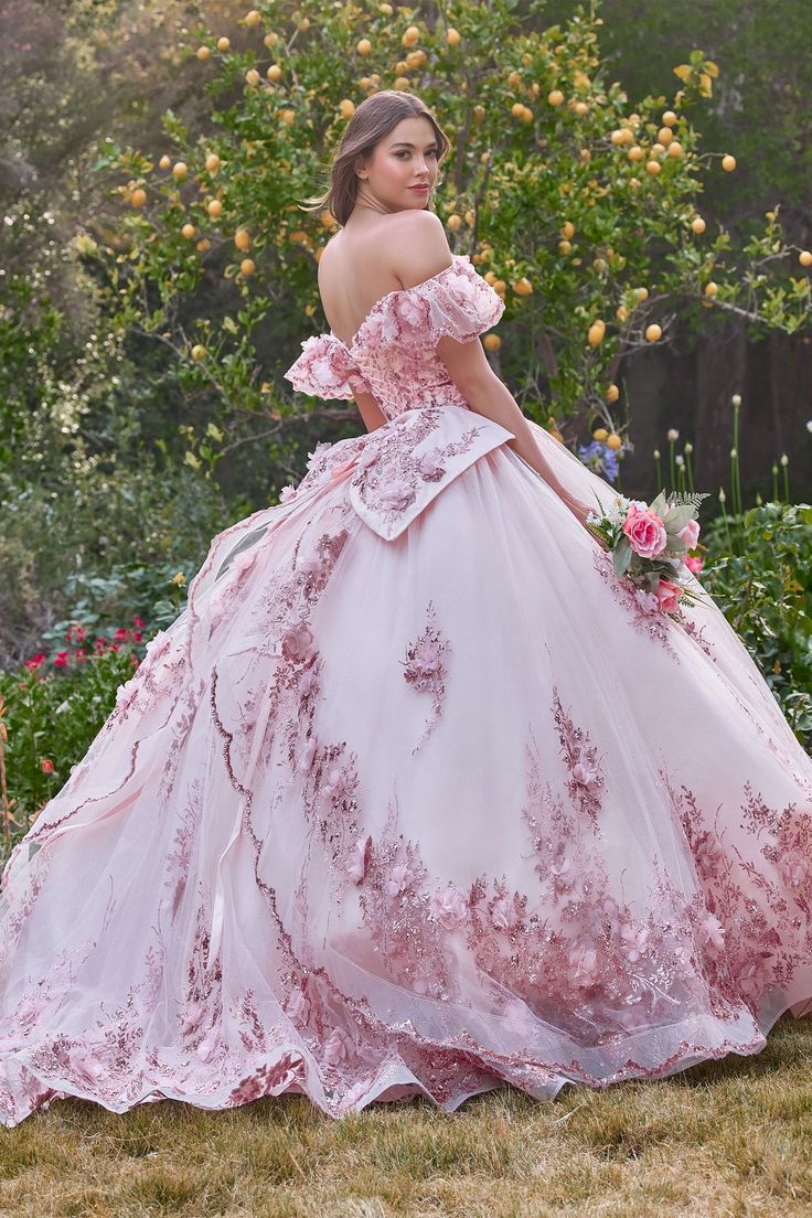 Pink Floral Applique Quinceanera Dresses With Bow Back Off Shoulder Flowers Long Princess Sweet 16 Dress For Girls 2026 Gorgeous Prom Special Occasion
